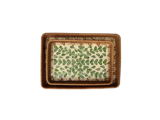 Handmade Rectangular Rattan Tray with Mother of Pearl Inlay Base - Boho Decorative Serving Tray for Coffee Table & Home Decor 43