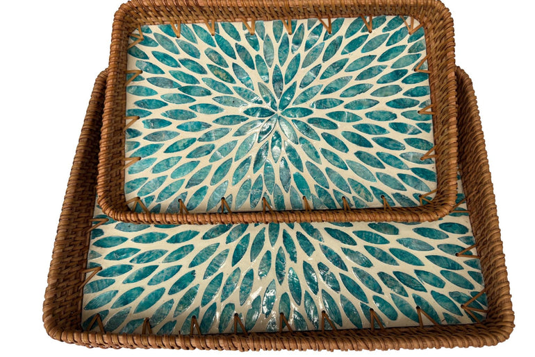 Handmade Rectangular Rattan Tray with Mother of Pearl Inlay Base - Boho Decorative Serving Tray for Coffee Table & Home Decor 42
