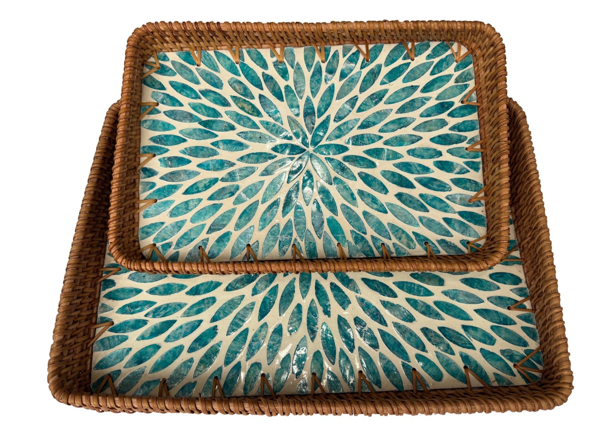Handmade Rectangular Rattan Tray with Mother of Pearl Inlay Base - Boho Decorative Serving Tray for Coffee Table & Home Decor 42