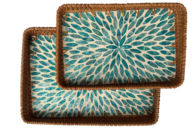 Handmade Rectangular Rattan Tray with Mother of Pearl Inlay Base - Boho Decorative Serving Tray for Coffee Table & Home Decor 42