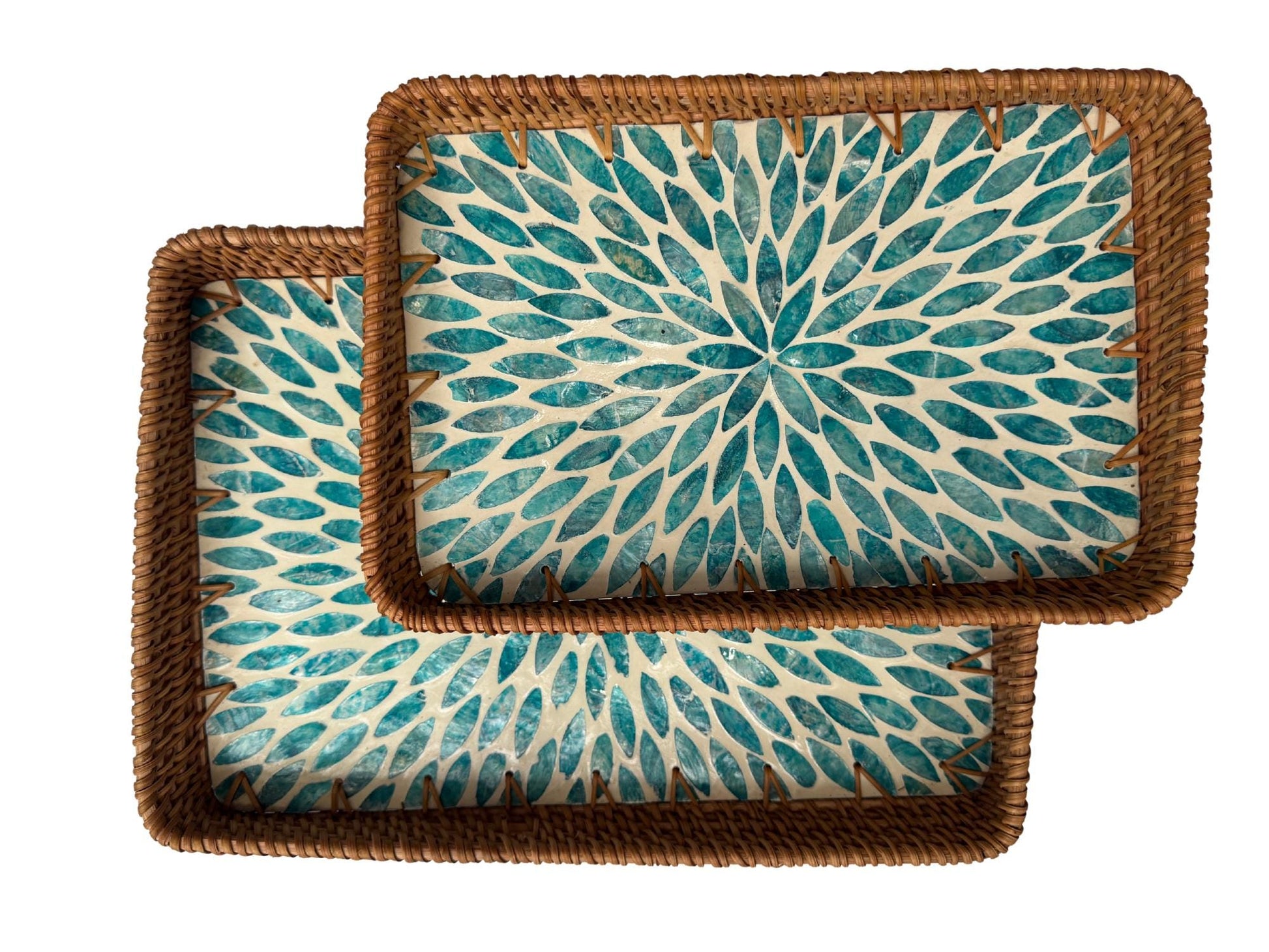 Handmade Rectangular Rattan Tray with Mother of Pearl Inlay Base - Boho Decorative Serving Tray for Coffee Table & Home Decor 42