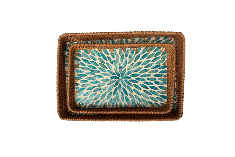Handmade Rectangular Rattan Tray with Mother of Pearl Inlay Base - Boho Decorative Serving Tray for Coffee Table & Home Decor 42