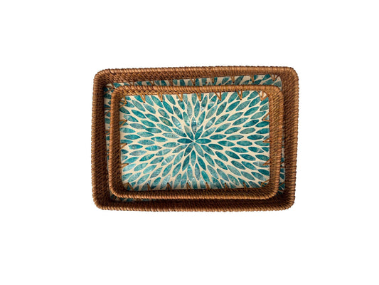 Handmade Rectangular Rattan Tray with Mother of Pearl Inlay Base - Boho Decorative Serving Tray for Coffee Table & Home Decor 42