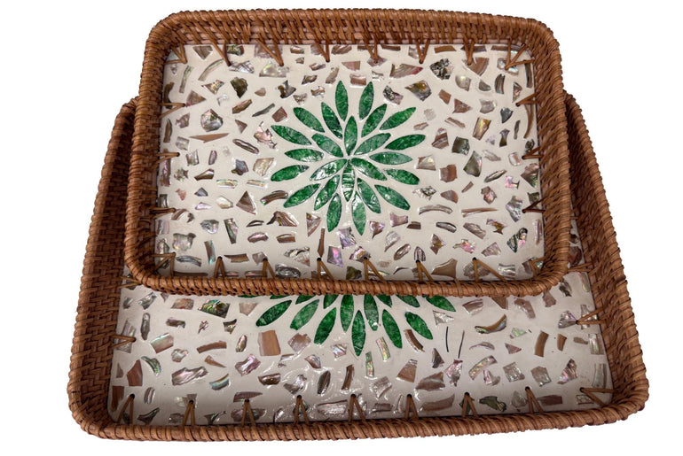 Handmade Rectangular Rattan Tray with Mother of Pearl Inlay Base - Boho Decorative Serving Tray for Coffee Table & Home Decor 39