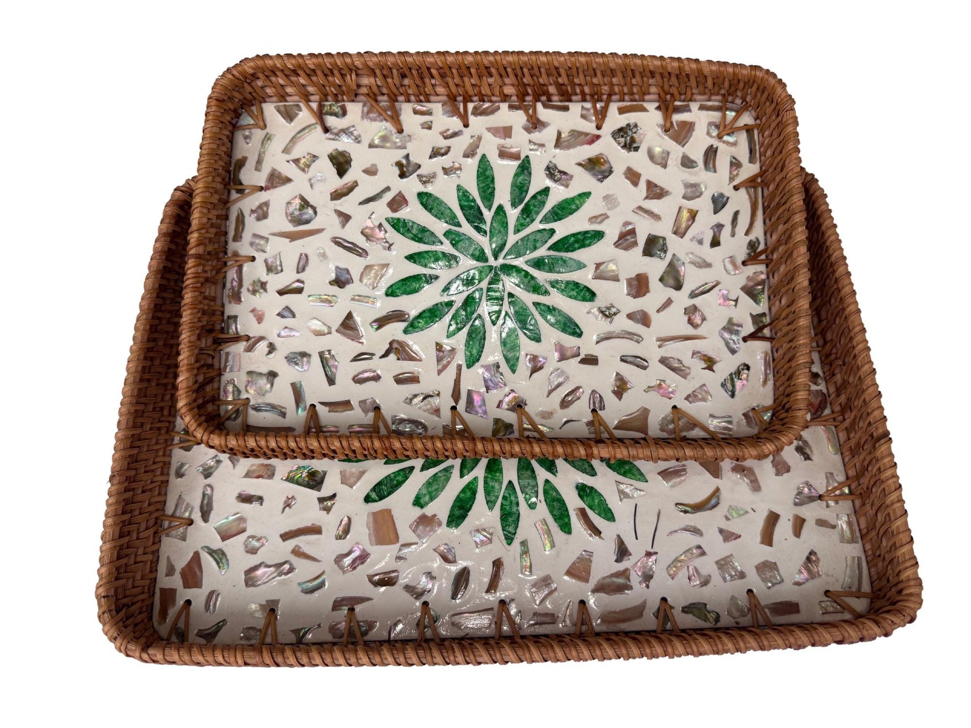 Handmade Rectangular Rattan Tray with Mother of Pearl Inlay Base - Boho Decorative Serving Tray for Coffee Table & Home Decor 39