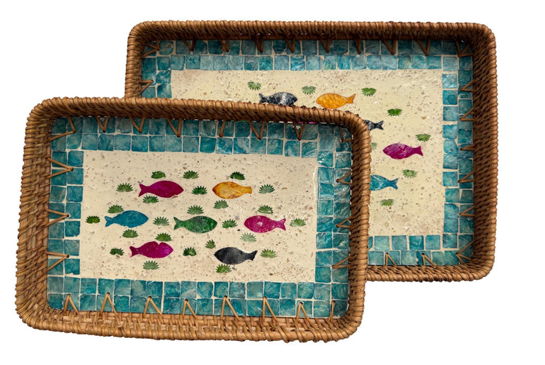 Handmade Rectangular Rattan Tray with Mother of Pearl Inlay Base - Boho Decorative Serving Tray for Coffee Table & Home Decor 45