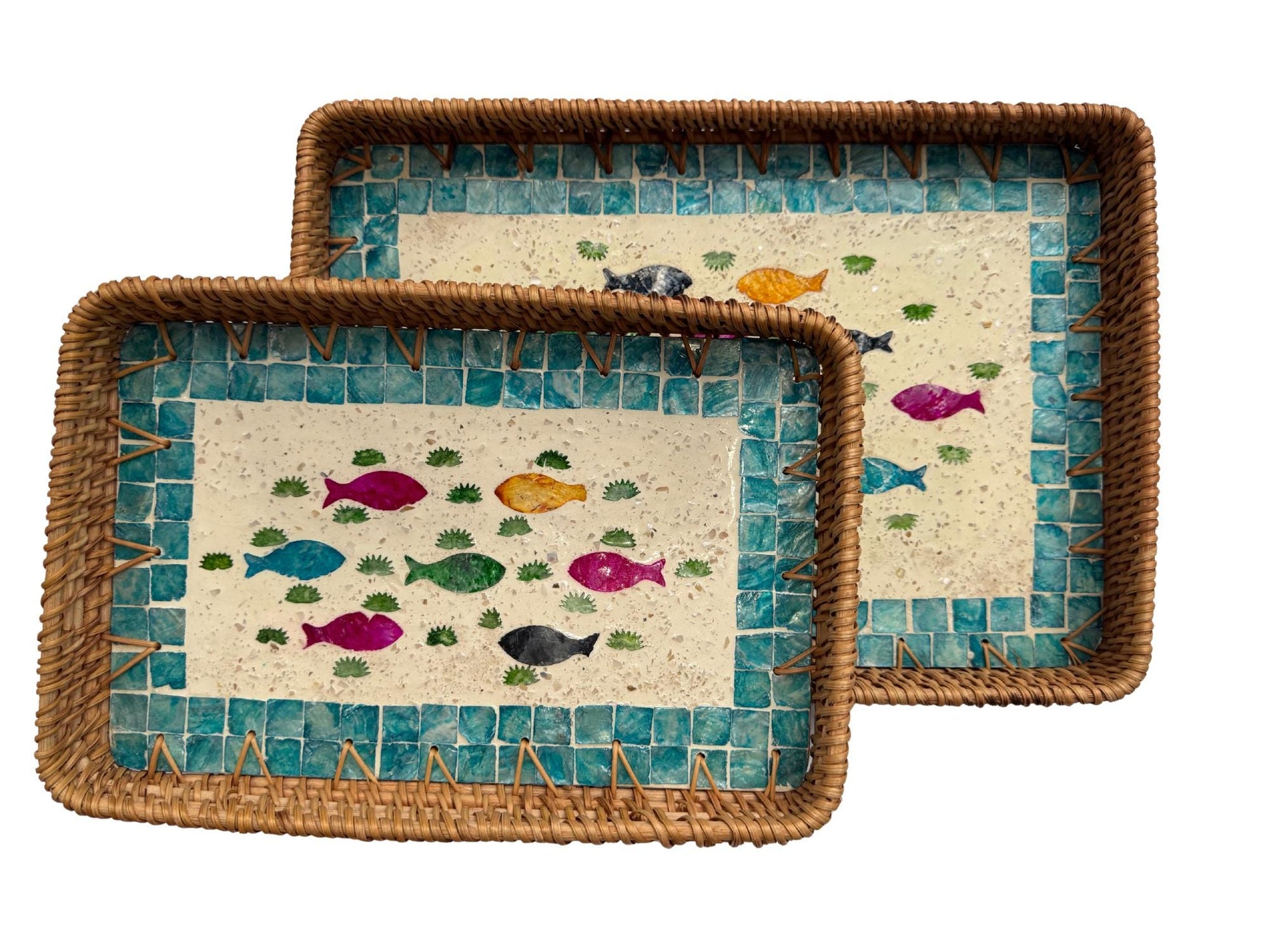 Handmade Rectangular Rattan Tray with Mother of Pearl Inlay Base - Boho Decorative Serving Tray for Coffee Table & Home Decor 45