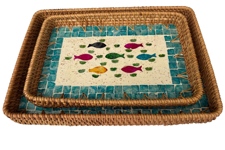 Handmade Rectangular Rattan Tray with Mother of Pearl Inlay Base - Boho Decorative Serving Tray for Coffee Table & Home Decor 45