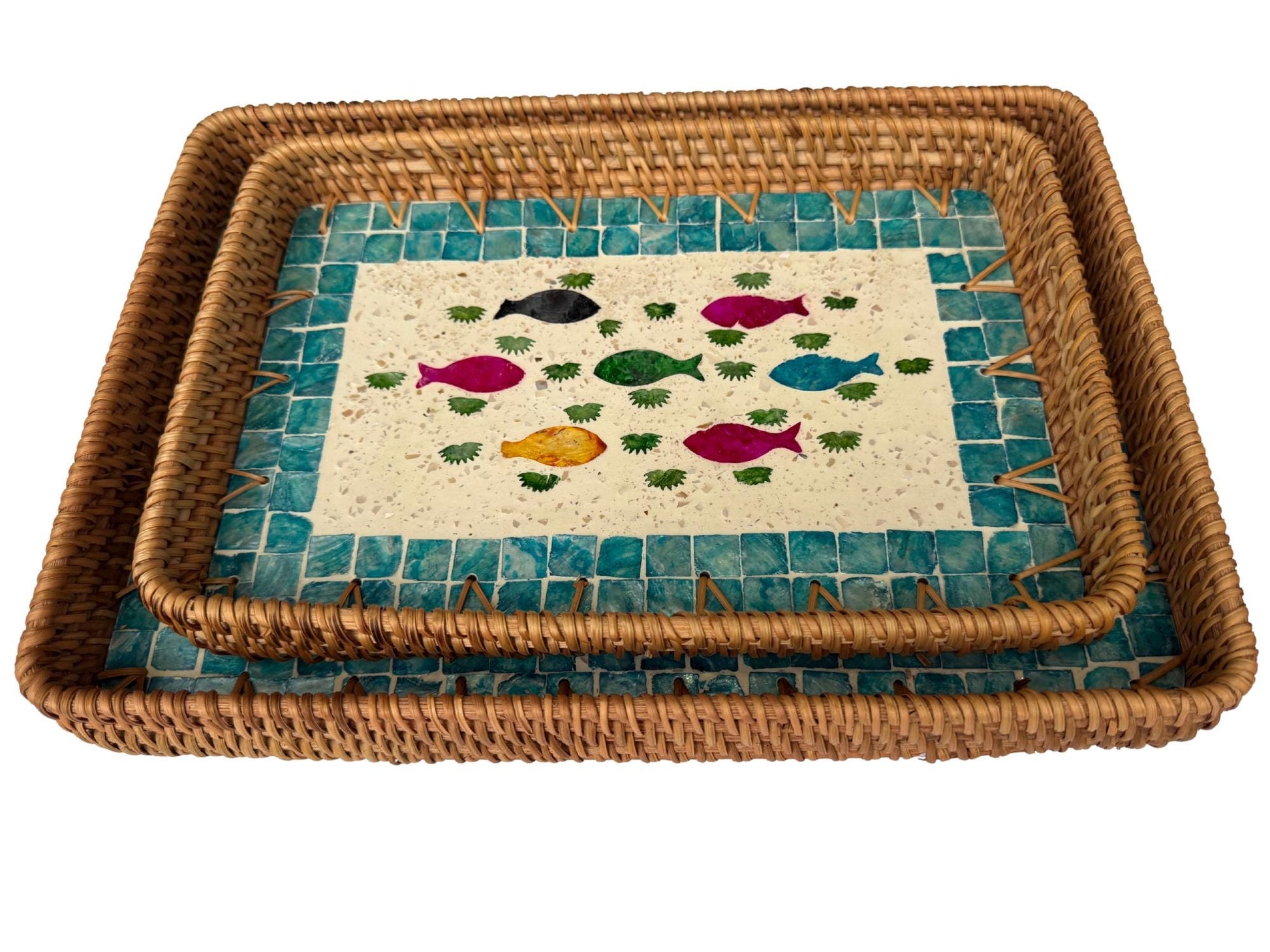 Handmade Rectangular Rattan Tray with Mother of Pearl Inlay Base - Boho Decorative Serving Tray for Coffee Table & Home Decor 45