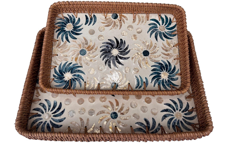 Handmade Rectangular Rattan Tray with Mother of Pearl Inlay Base - Boho Decorative Serving Tray for Coffee Table & Home Decor 37