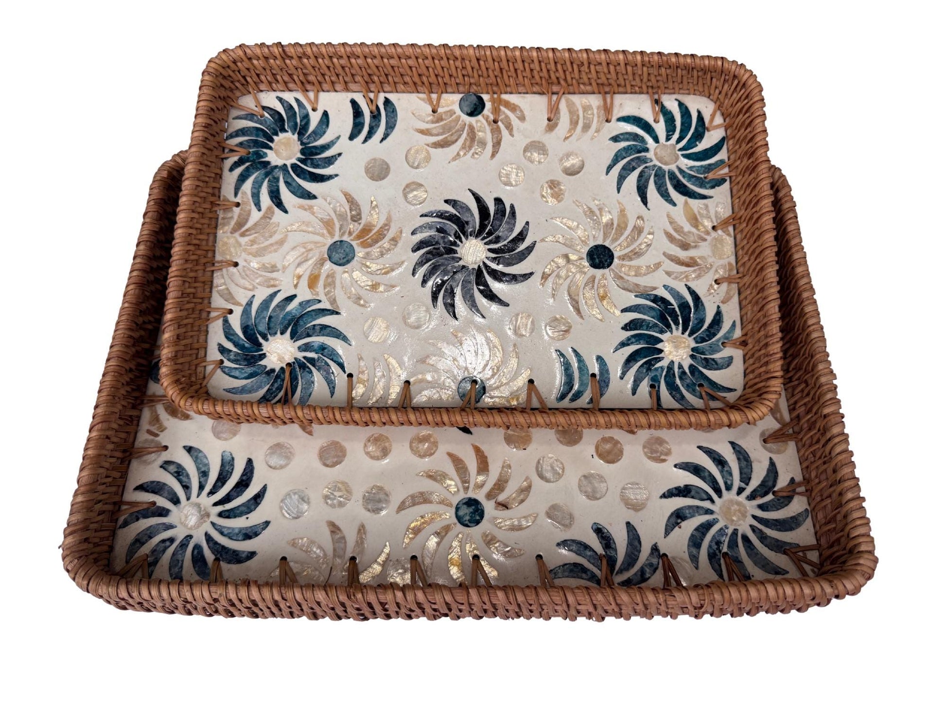Handmade Rectangular Rattan Tray with Mother of Pearl Inlay Base - Boho Decorative Serving Tray for Coffee Table & Home Decor 37
