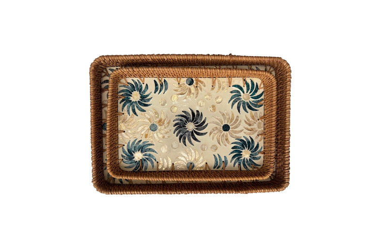 Handmade Rectangular Rattan Tray with Mother of Pearl Inlay Base - Boho Decorative Serving Tray for Coffee Table & Home Decor 37
