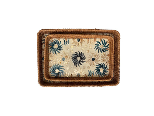 Handmade Rectangular Rattan Tray with Mother of Pearl Inlay Base - Boho Decorative Serving Tray for Coffee Table & Home Decor 37