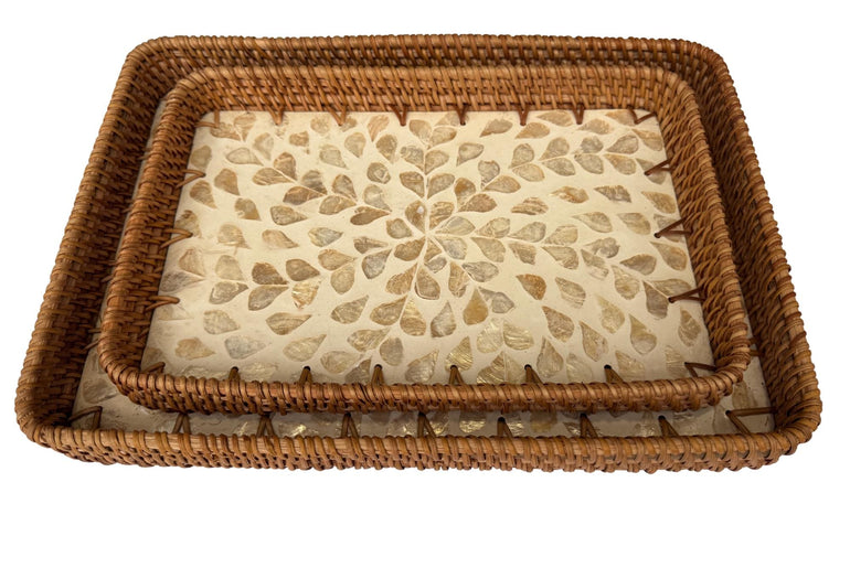 Handmade Rectangular Rattan Tray with Mother of Pearl Inlay Base - Boho Decorative Serving Tray for Coffee Table & Home Decor 41