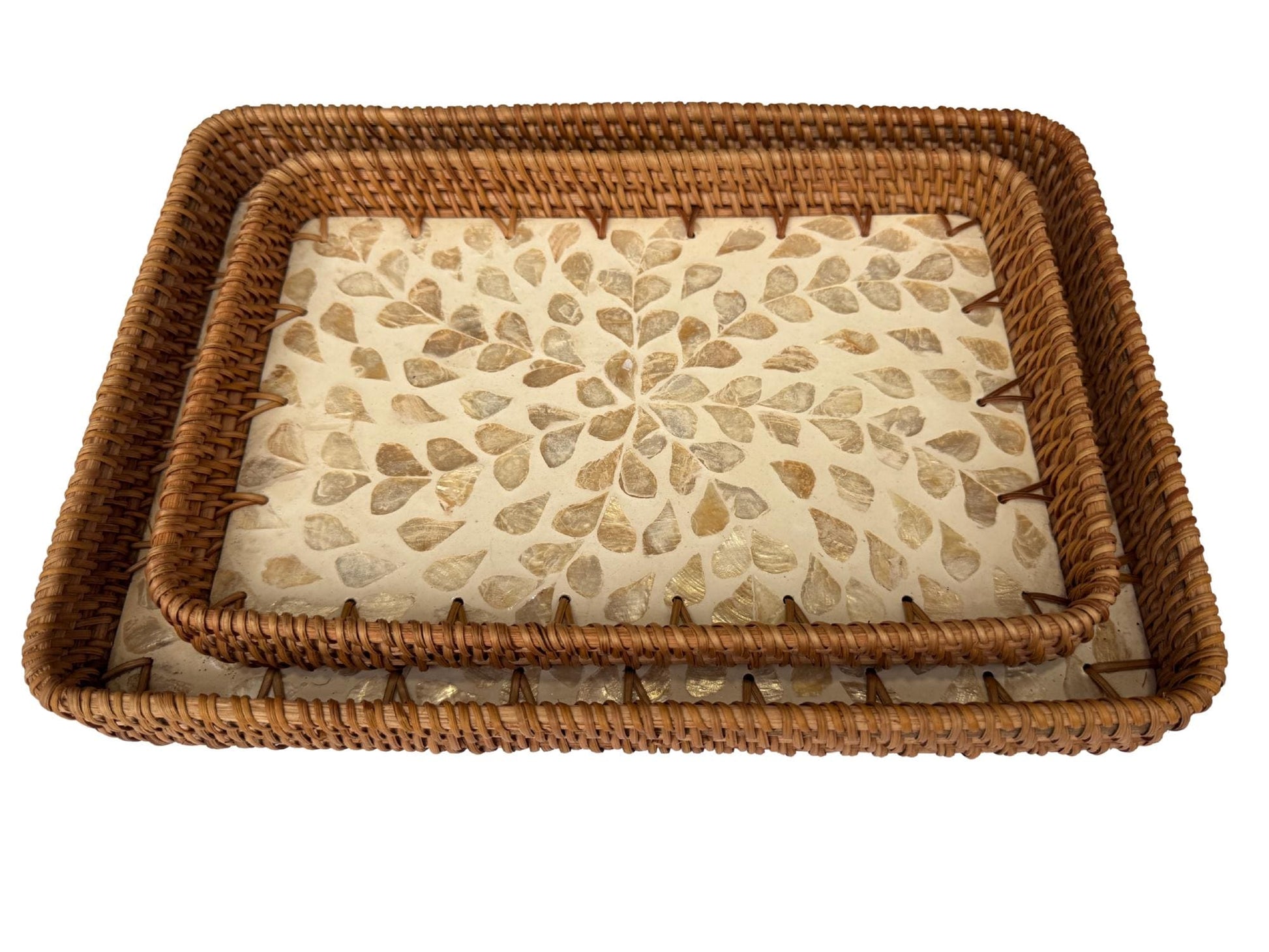 Handmade Rectangular Rattan Tray with Mother of Pearl Inlay Base - Boho Decorative Serving Tray for Coffee Table & Home Decor 41