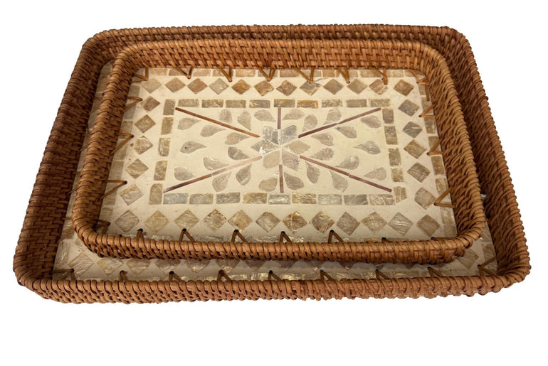 Handmade Rectangular Rattan Tray with Mother of Pearl Inlay Base - Boho Decorative Serving Tray for Coffee Table & Home Decor 36