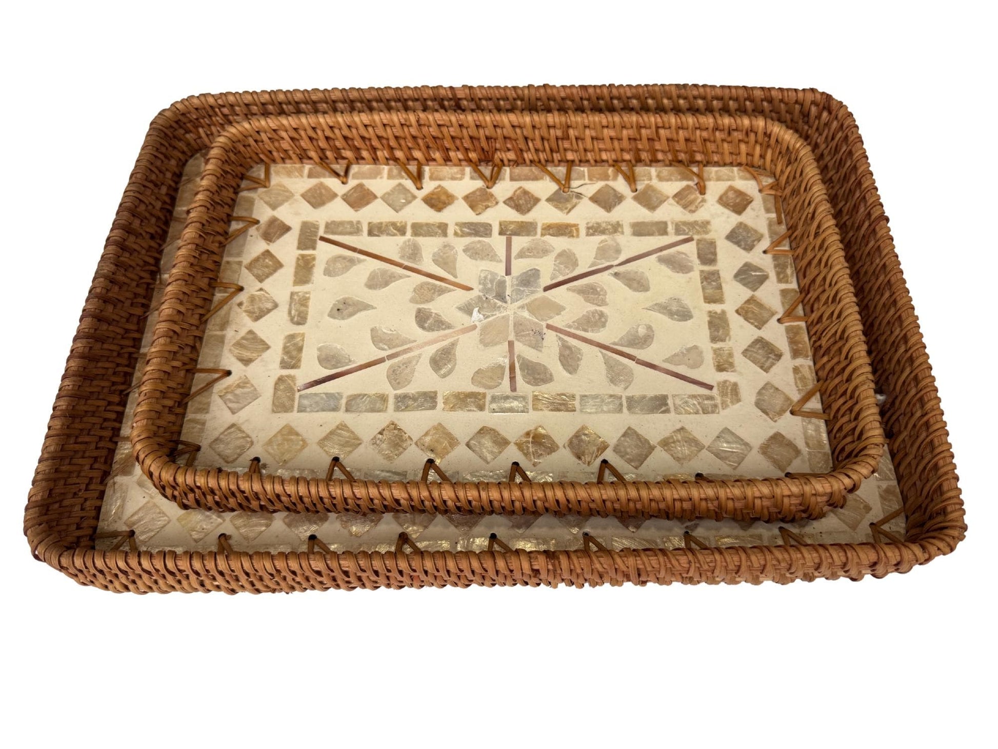 Handmade Rectangular Rattan Tray with Mother of Pearl Inlay Base - Boho Decorative Serving Tray for Coffee Table & Home Decor 36