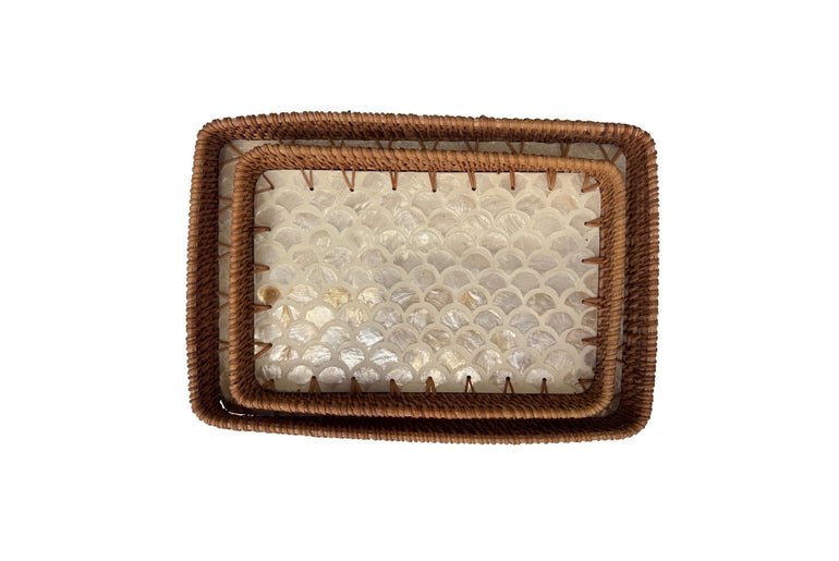 Handmade Rectangular Rattan Tray with Mother of Pearl Inlay Base - Boho Decorative Serving Tray for Coffee Table & Home Decor 40