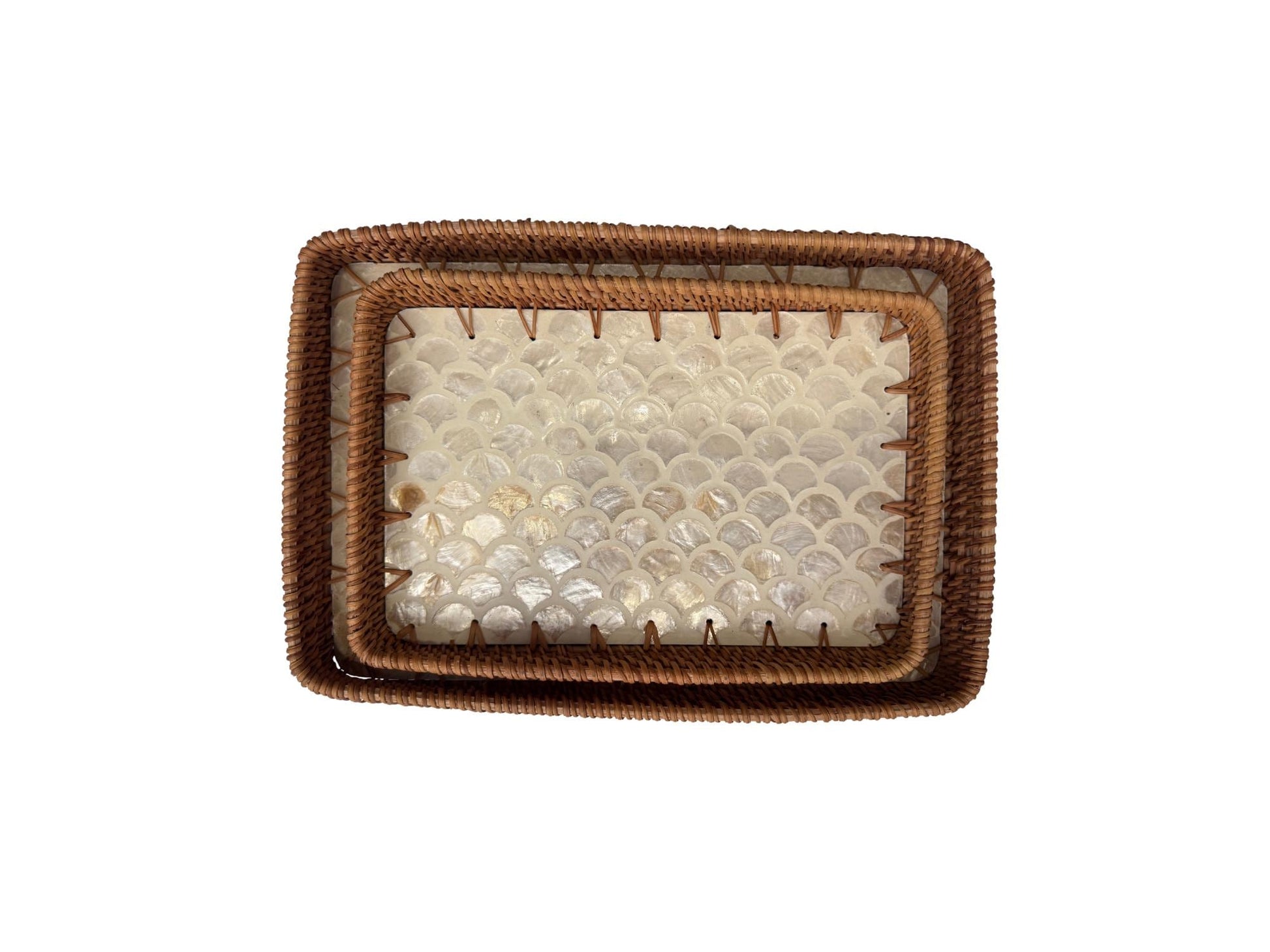 Handmade Rectangular Rattan Tray with Mother of Pearl Inlay Base - Boho Decorative Serving Tray for Coffee Table & Home Decor 40