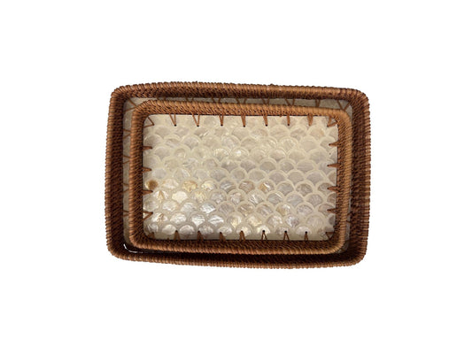 Handmade Rectangular Rattan Tray with Mother of Pearl Inlay Base - Boho Decorative Serving Tray for Coffee Table & Home Decor 40