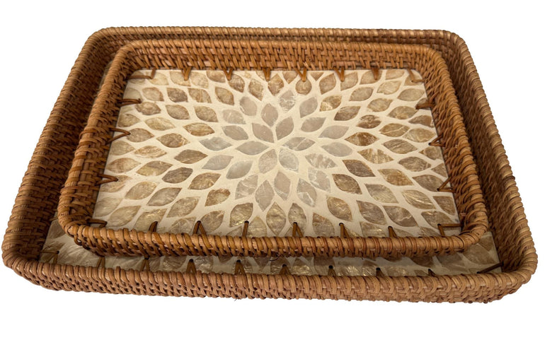 Handmade Rectangular Rattan Tray with Mother of Pearl Inlay Base - Boho Decorative Serving Tray for Coffee Table & Home Decor 38