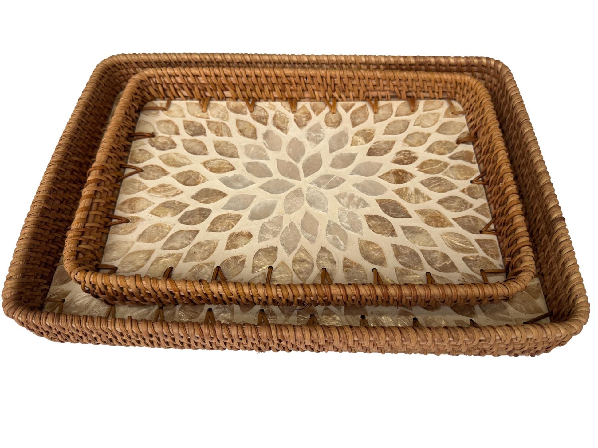 Handmade Rectangular Rattan Tray with Mother of Pearl Inlay Base - Boho Decorative Serving Tray for Coffee Table & Home Decor 38