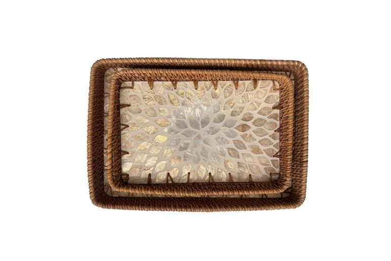 Handmade Rectangular Rattan Tray with Mother of Pearl Inlay Base - Boho Decorative Serving Tray for Coffee Table & Home Decor 38
