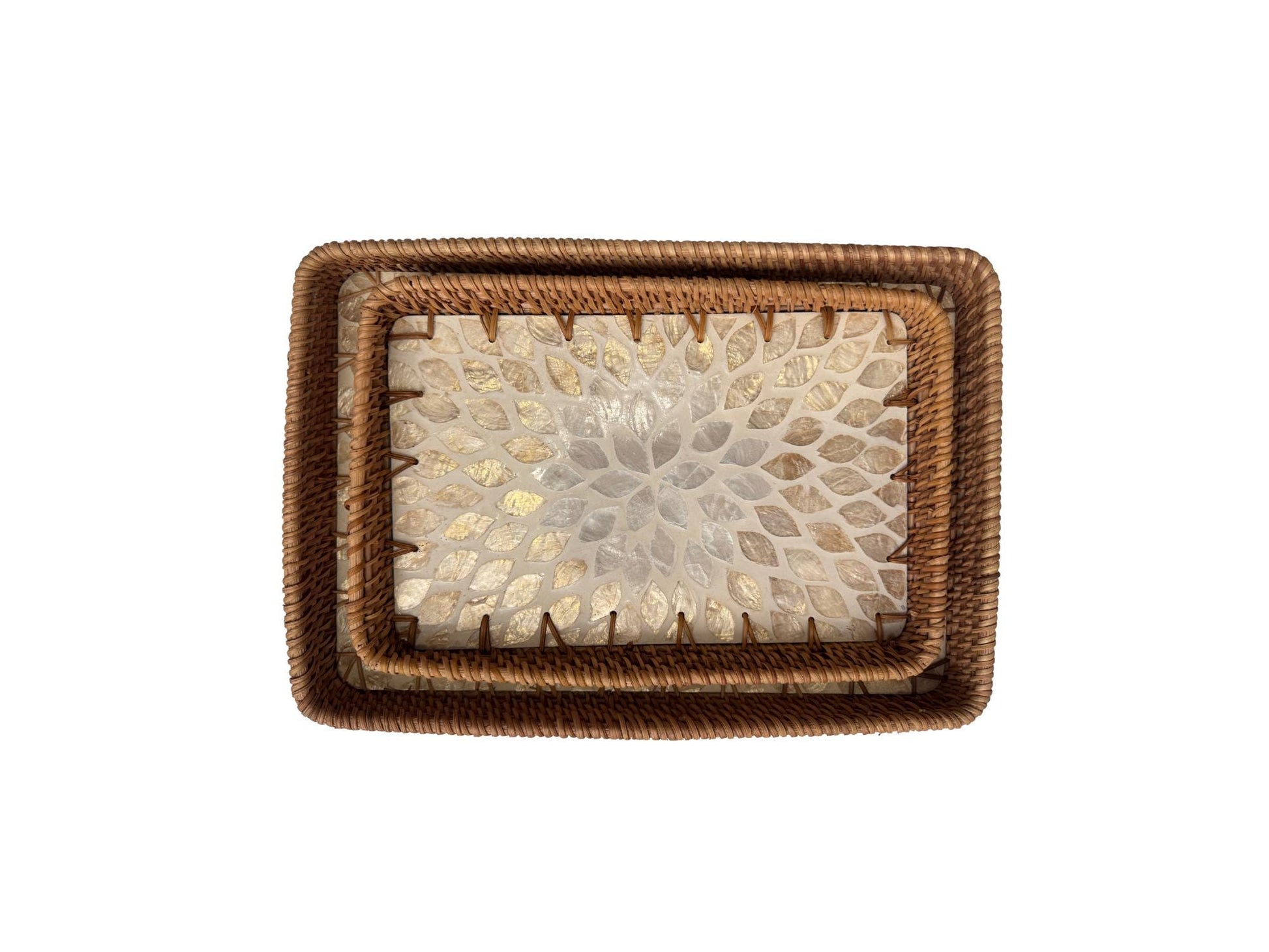 Handmade Rectangular Rattan Tray with Mother of Pearl Inlay Base - Boho Decorative Serving Tray for Coffee Table & Home Decor 38