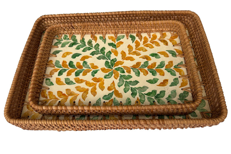Handmade Rectangular Rattan Tray with Mother of Pearl Inlay Base - Boho Decorative Serving Tray for Coffee Table & Home Decor 44