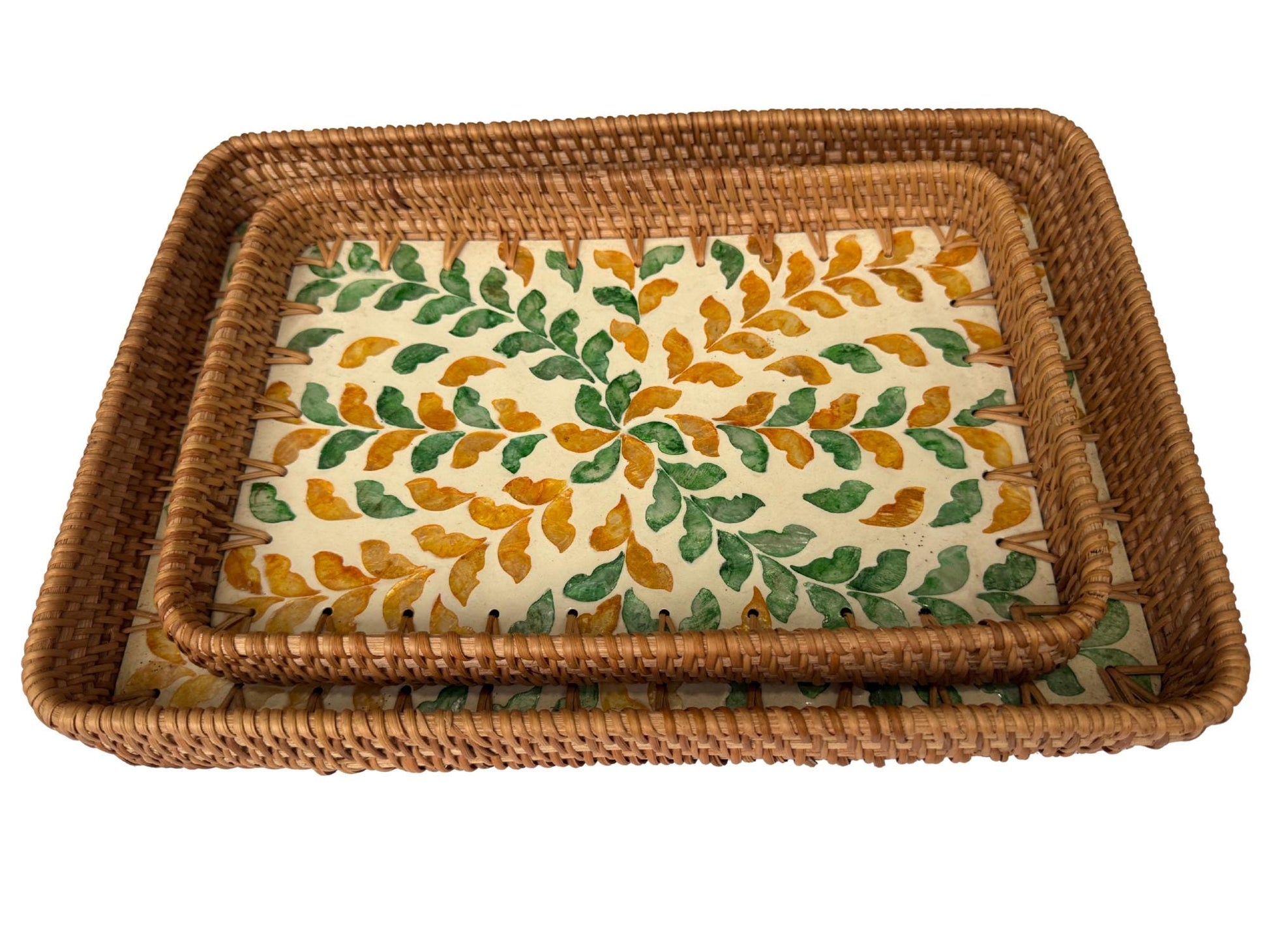 Handmade Rectangular Rattan Tray with Mother of Pearl Inlay Base - Boho Decorative Serving Tray for Coffee Table & Home Decor 44