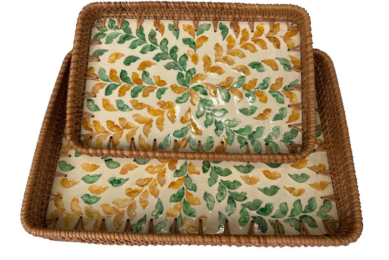 Handmade Rectangular Rattan Tray with Mother of Pearl Inlay Base - Boho Decorative Serving Tray for Coffee Table & Home Decor 44