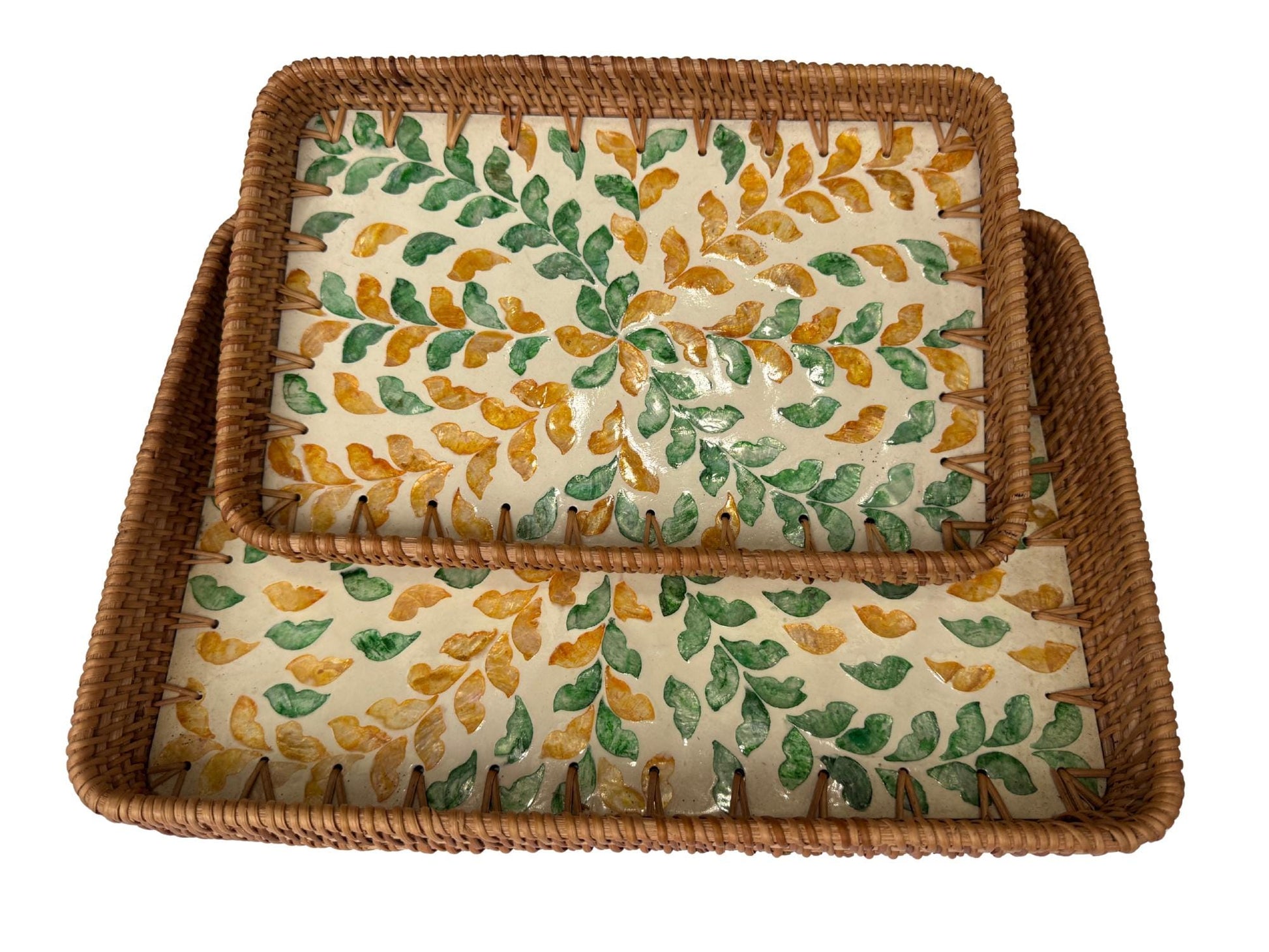 Handmade Rectangular Rattan Tray with Mother of Pearl Inlay Base - Boho Decorative Serving Tray for Coffee Table & Home Decor 44