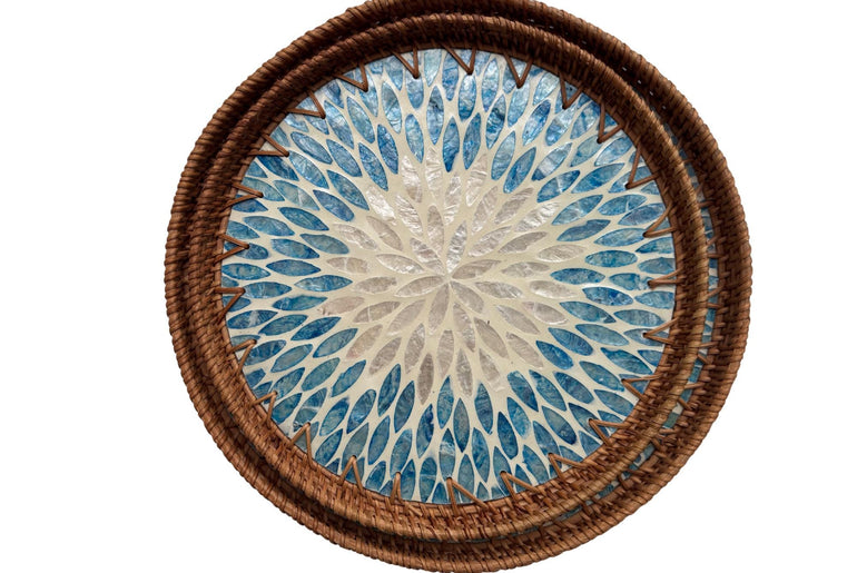 Natural Round Rattan Display Tray with Shell Inlay Base - Artisan Handmade Decor Tray for Coffee Table, Kitchen Serving, Made in Vietnam 34
