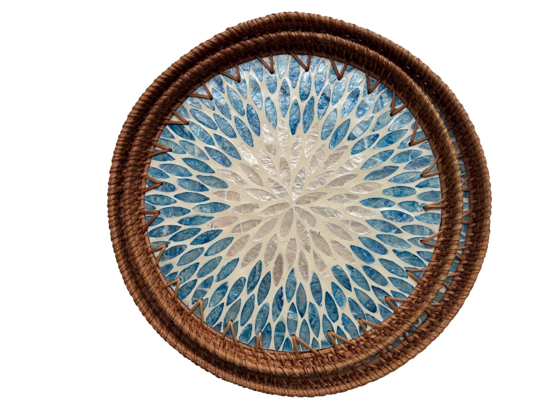 Natural Round Rattan Display Tray with Shell Inlay Base - Artisan Handmade Decor Tray for Coffee Table, Kitchen Serving, Made in Vietnam 34