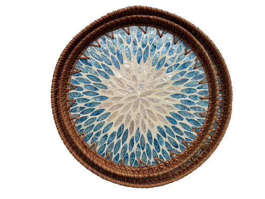 Natural Round Rattan Display Tray with Shell Inlay Base - Artisan Handmade Decor Tray for Coffee Table, Kitchen Serving, Made in Vietnam 34