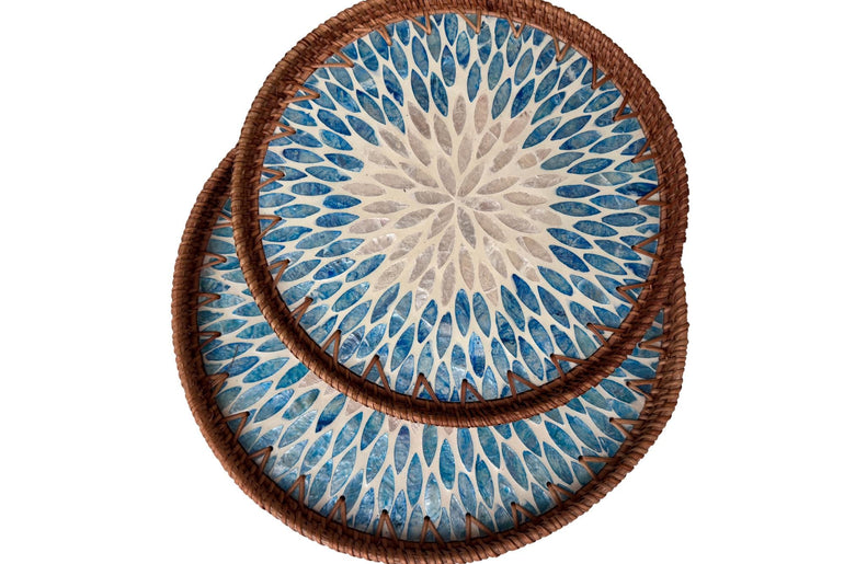 Natural Round Rattan Display Tray with Shell Inlay Base - Artisan Handmade Decor Tray for Coffee Table, Kitchen Serving, Made in Vietnam 34