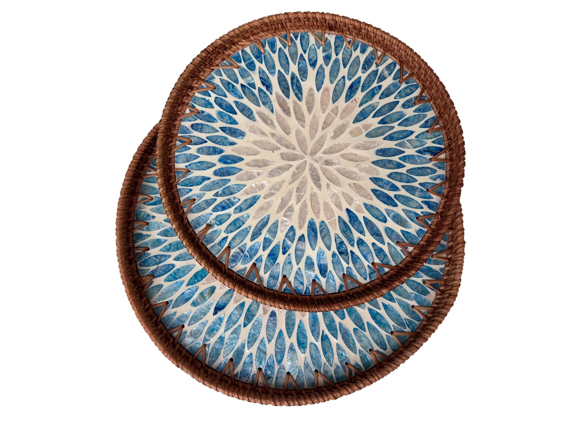 Natural Round Rattan Display Tray with Shell Inlay Base - Artisan Handmade Decor Tray for Coffee Table, Kitchen Serving, Made in Vietnam 34