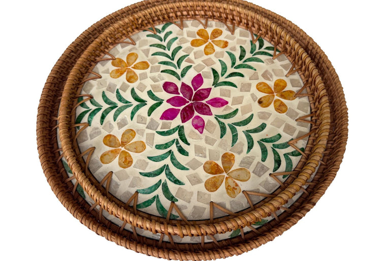 Natural Round Rattan Display Tray with Shell Inlay Base - Artisan Handmade Decor Tray for Coffee Table, Kitchen Serving, Made in Vietnam 33