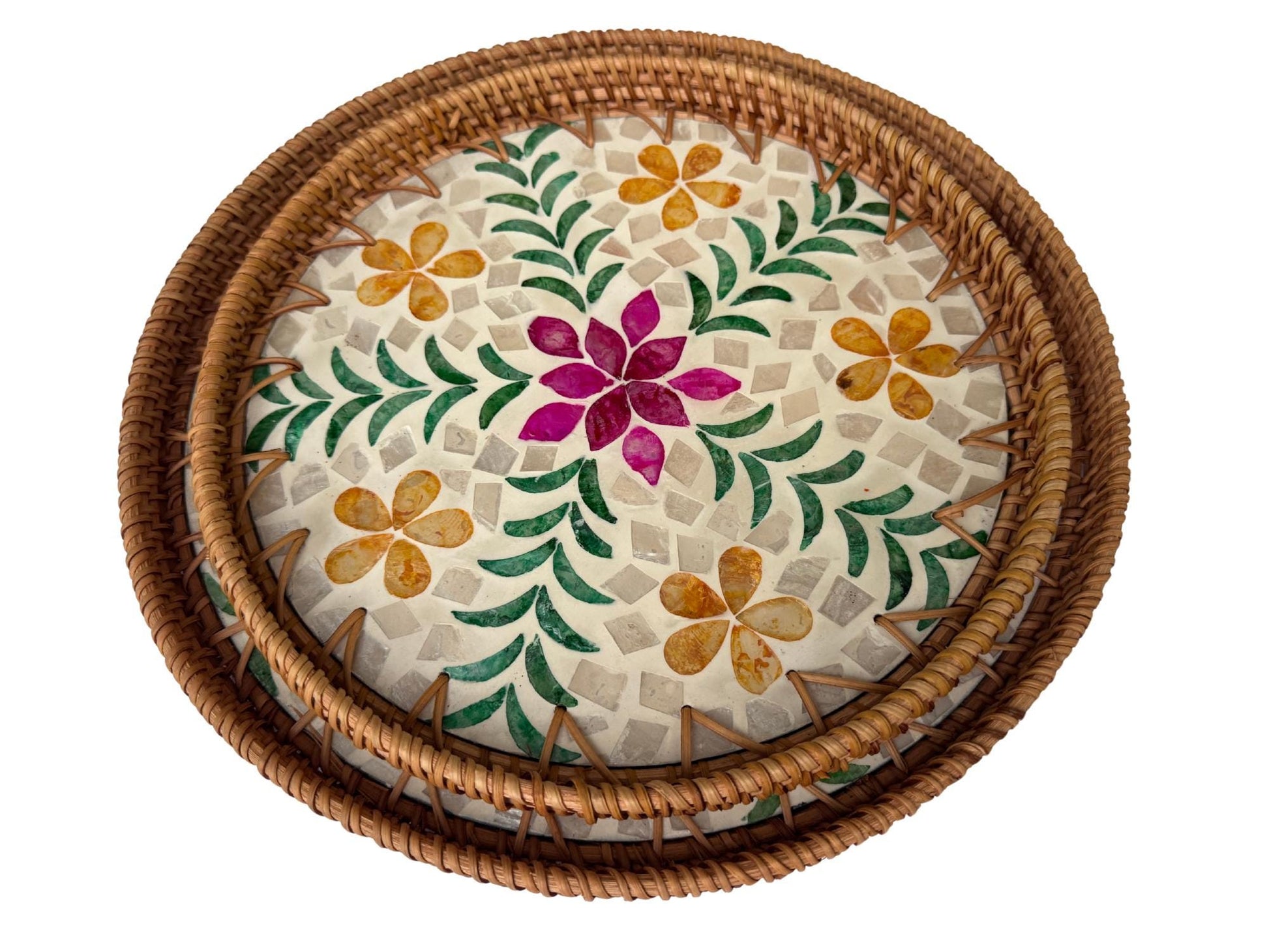 Natural Round Rattan Display Tray with Shell Inlay Base - Artisan Handmade Decor Tray for Coffee Table, Kitchen Serving, Made in Vietnam 33