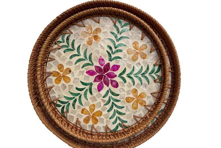Natural Round Rattan Display Tray with Shell Inlay Base - Artisan Handmade Decor Tray for Coffee Table, Kitchen Serving, Made in Vietnam 33