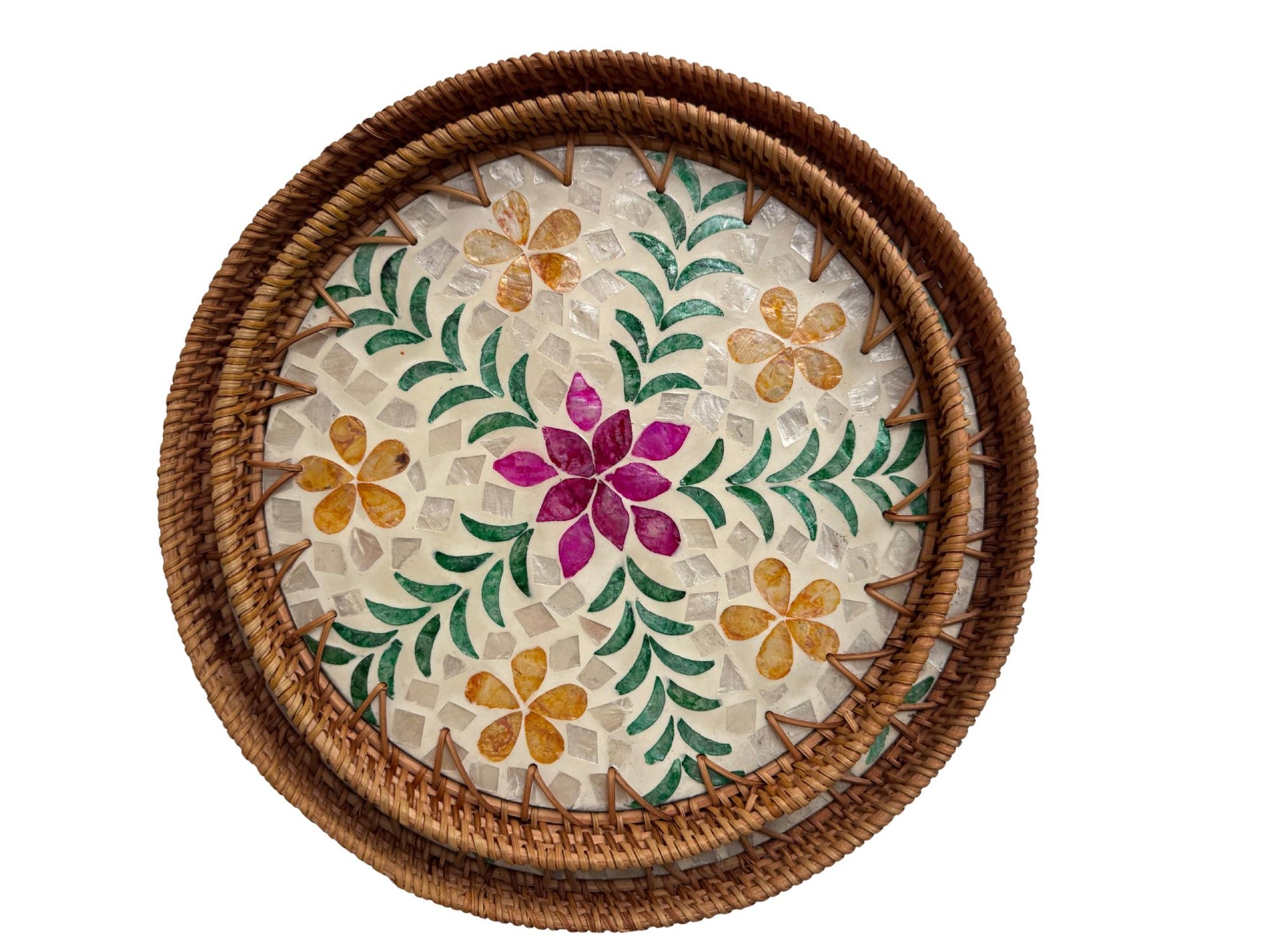 Natural Round Rattan Display Tray with Shell Inlay Base - Artisan Handmade Decor Tray for Coffee Table, Kitchen Serving, Made in Vietnam 33