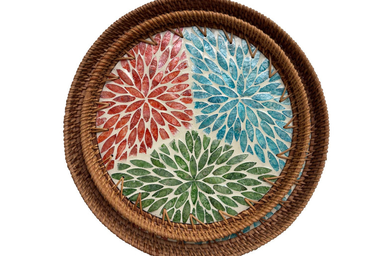 Natural Round Rattan Display Tray with Shell Inlay Base - Artisan Handmade Decor Tray for Coffee Table, Kitchen Serving, Made in Vietnam 35
