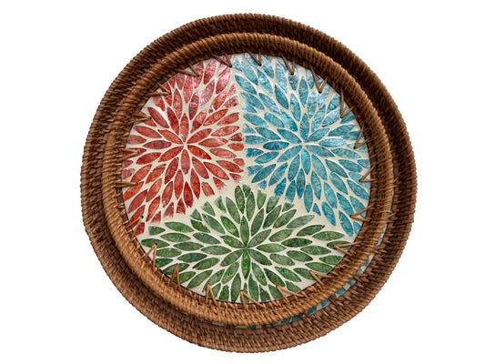 Natural Round Rattan Display Tray with Shell Inlay Base - Artisan Handmade Decor Tray for Coffee Table, Kitchen Serving, Made in Vietnam 35