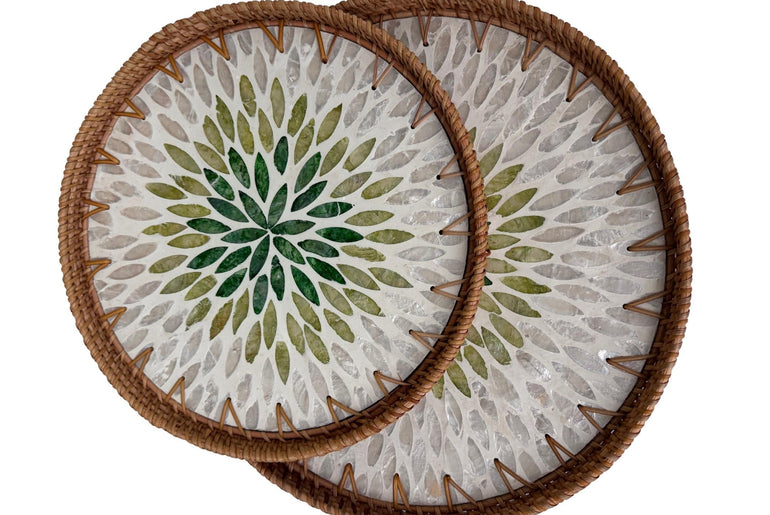 Natural Round Rattan Display Tray with Shell Inlay Base - Artisan Handmade Decor Tray for Coffee Table, Kitchen Serving, Made in Vietnam 32