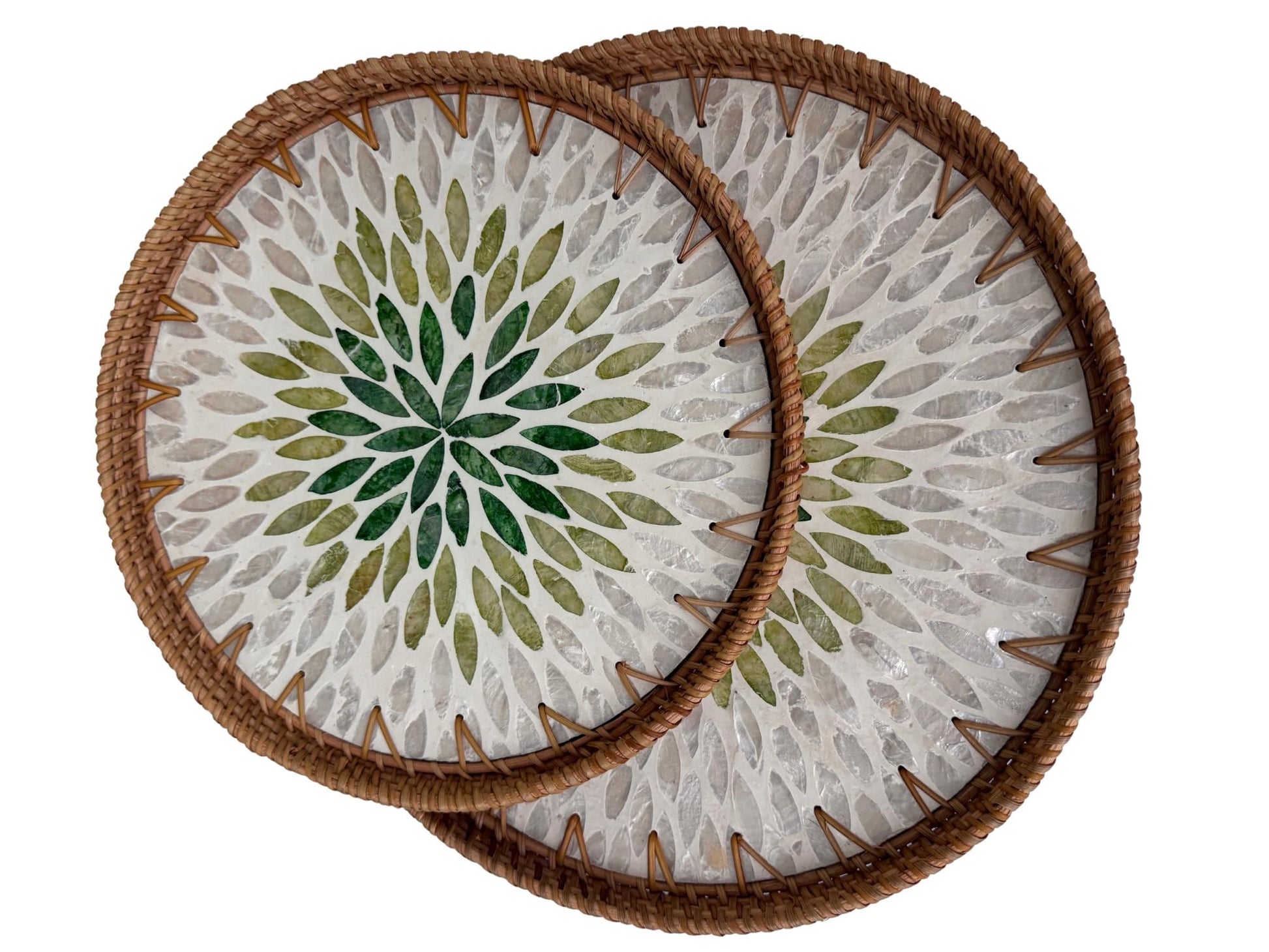 Natural Round Rattan Display Tray with Shell Inlay Base - Artisan Handmade Decor Tray for Coffee Table, Kitchen Serving, Made in Vietnam 32