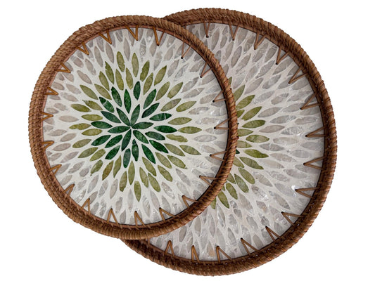 Natural Round Rattan Display Tray with Shell Inlay Base - Artisan Handmade Decor Tray for Coffee Table, Kitchen Serving, Made in Vietnam 32