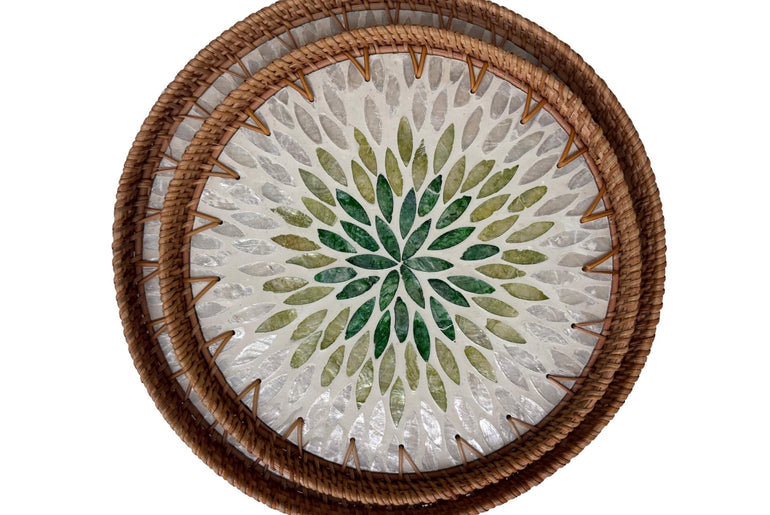 Natural Round Rattan Display Tray with Shell Inlay Base - Artisan Handmade Decor Tray for Coffee Table, Kitchen Serving, Made in Vietnam 32