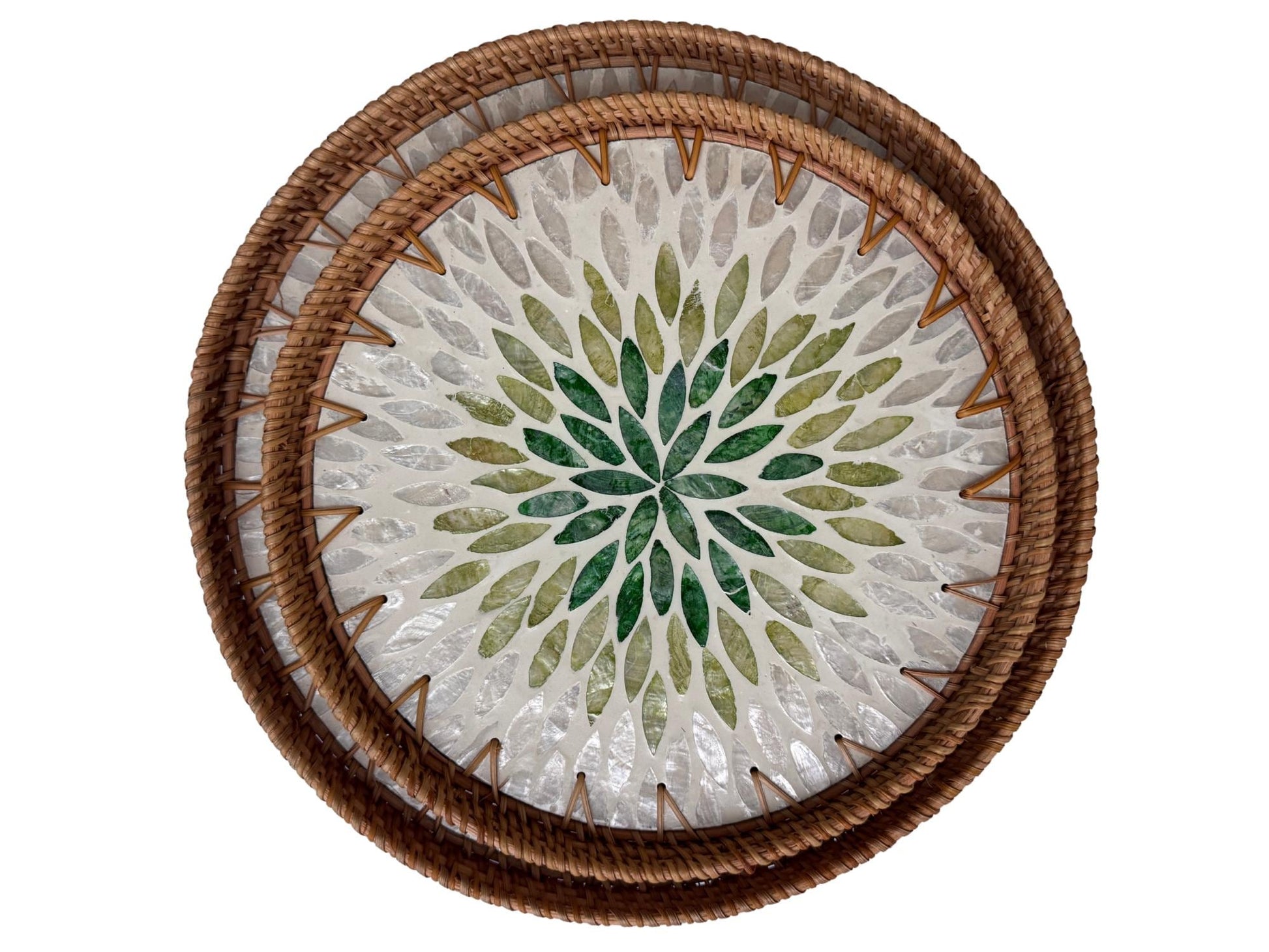 Natural Round Rattan Display Tray with Shell Inlay Base - Artisan Handmade Decor Tray for Coffee Table, Kitchen Serving, Made in Vietnam 32