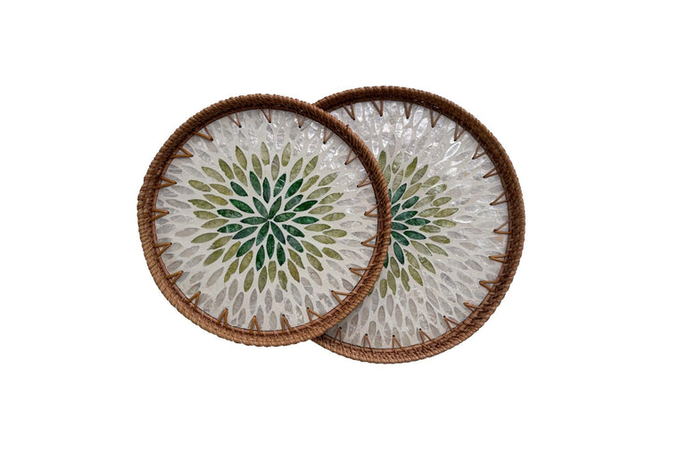 Natural Round Rattan Display Tray with Shell Inlay Base - Artisan Handmade Decor Tray for Coffee Table, Kitchen Serving, Made in Vietnam 32