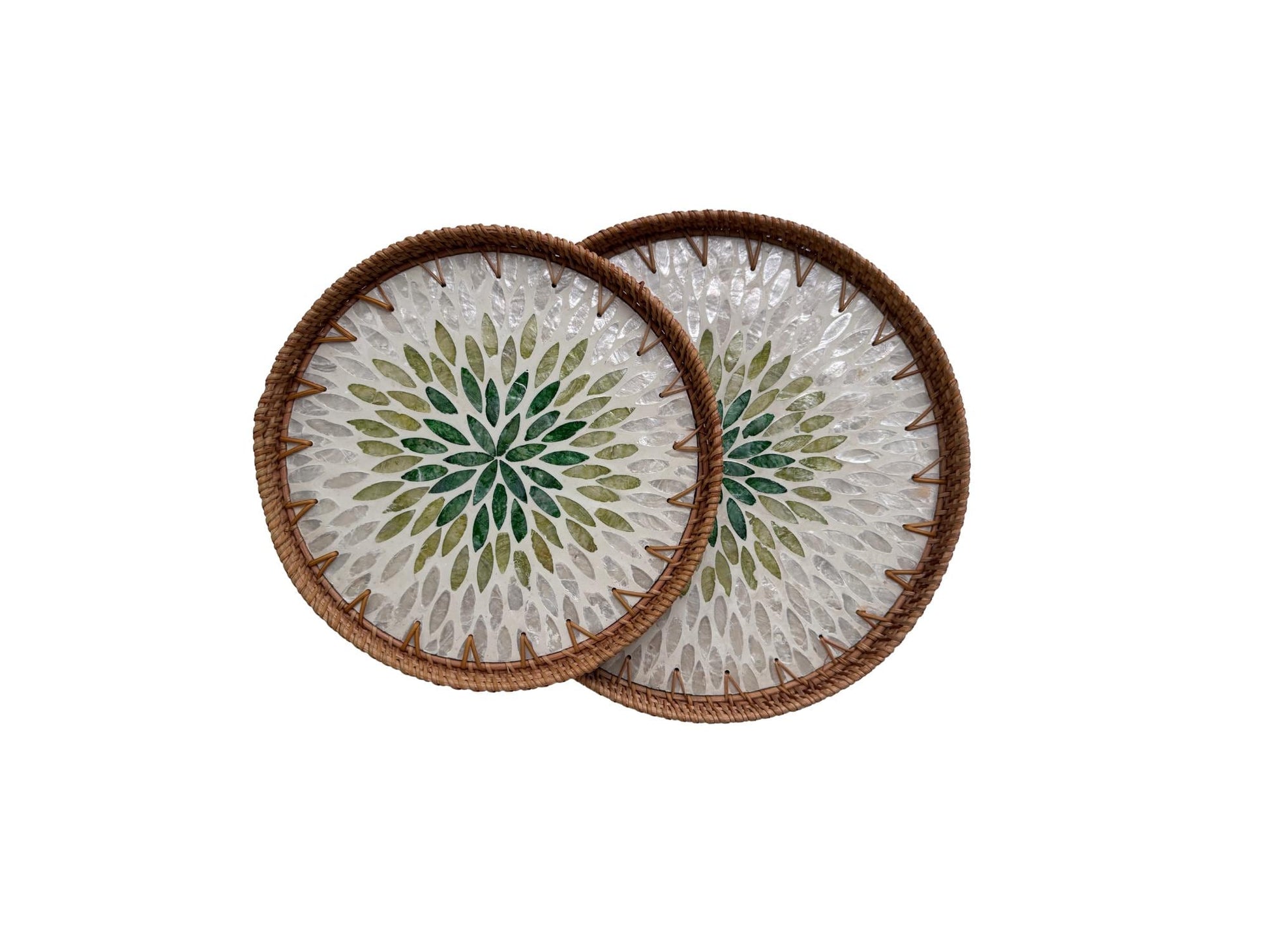 Natural Round Rattan Display Tray with Shell Inlay Base - Artisan Handmade Decor Tray for Coffee Table, Kitchen Serving, Made in Vietnam 32